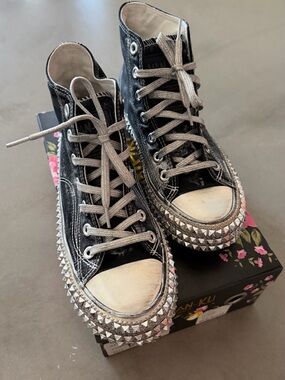 Nan-Ku Couture Black Embellished High-Top Studded Canvas Sneakers - Women